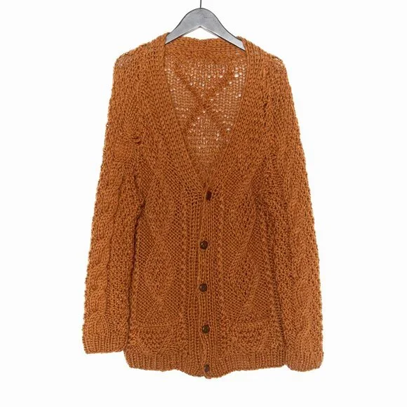 SOLD - Vintage Brown Cable Knit Hand Knit Button V Neck Cardigan - Size L - Picture 1 of 9